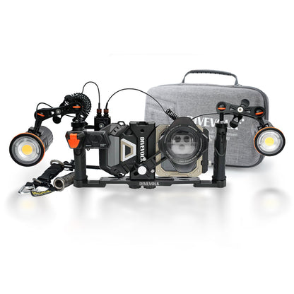 DIVEVOLK SeaTouch 6 PRO Deep Dive SL50 Kit with travel case ¡ª dual SL50 video lights on adjustable ball joint arms, wide-angle lens, optic fibre remote control, DIVEVOLK grey travel case in background.