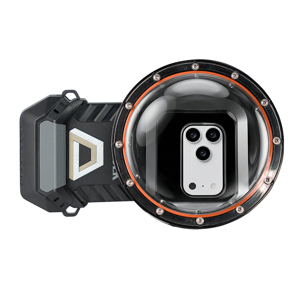 DIVEVOLK Dome Lens mounted on SeaTouch 6 Pro housing — top-down view showing the large-diameter dome fully covering the iPhone's main camera and ultra-wide lens