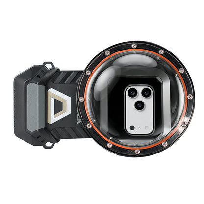 DIVEVOLK Dome Lens mounted on SeaTouch 6 Pro housing — top-down view showing the large-diameter dome fully covering the iPhone's main camera and ultra-wide lens