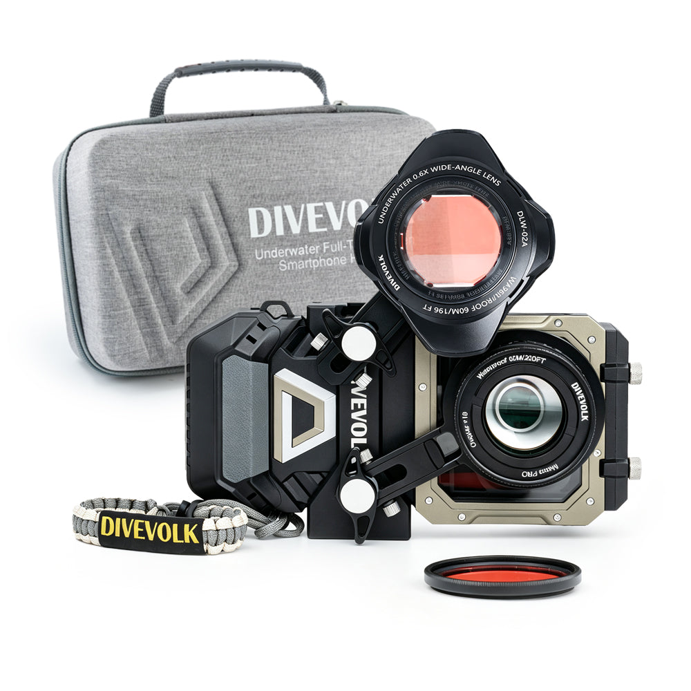 DIVEVOLK SeaTouch 6 PRO Dual Lens Kit with branded travel case ¡ª housing with both Macro Pro +18 and Wide-angle Lens DLW-02A, Deep Dive Red Filter, DIVEVOLK grey travel case in background.