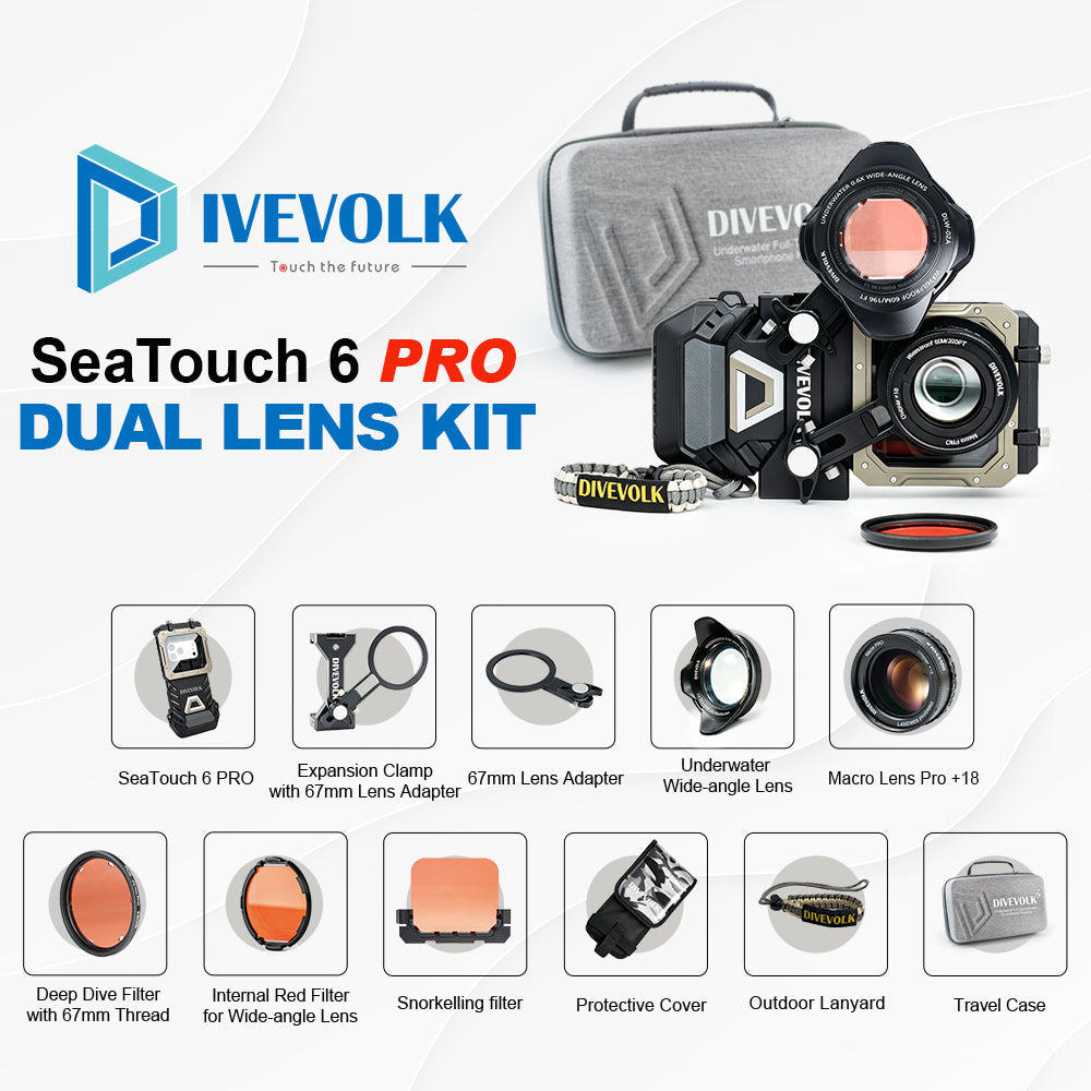 DIVEVOLK SeaTouch 6 PRO Dual Lens Kit complete set ¡ª includes SeaTouch 6 PRO housing, Expansion Clamp with 67mm Lens Adapter, 67mm Lens Adapter, Underwater Wide-angle Lens, Macro Lens Pro +18, Deep Dive Filter, Internal Red Filter for Wide-angle Lens, Snorkelling Filter, Protective Cover, Outdoor Lanyard, and Travel Case.