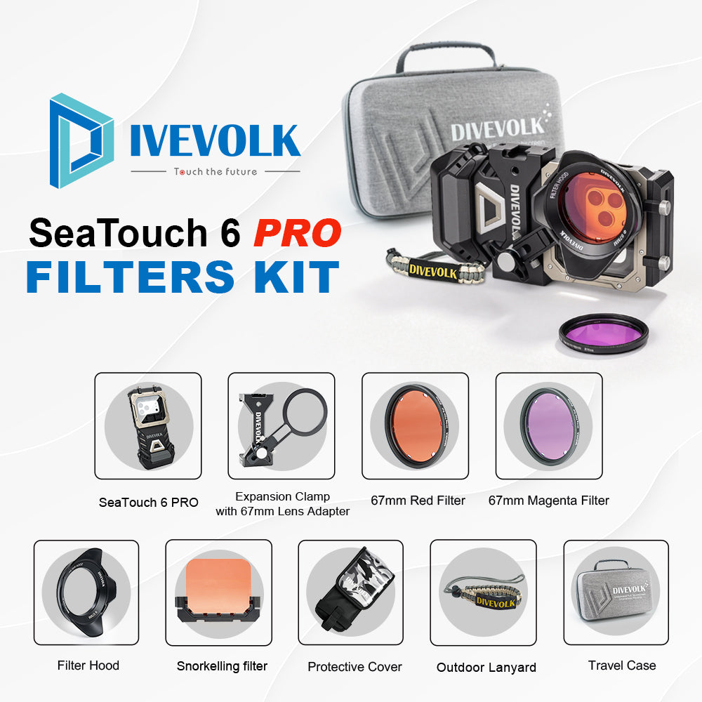 DIVEVOLK SeaTouch 6 PRO Filters Kit complete set ¡ª includes housing, expansion clamp with 67mm lens adapter, 67mm Red Filter, 67mm Magenta Filter, Filter Hood, Snorkelling Filter, Protective Cover, Outdoor Lanyard, and Travel Case.