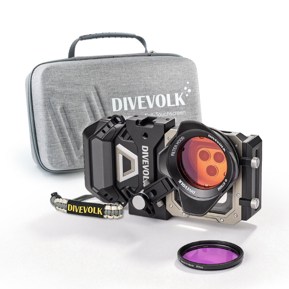 DIVEVOLK SeaTouch 6 PRO Filters Kit with travel case ¡ª housing with Filter Hood and Red Filter mounted, Magenta Filter displayed in front, outdoor lanyard attached, travel case in background.