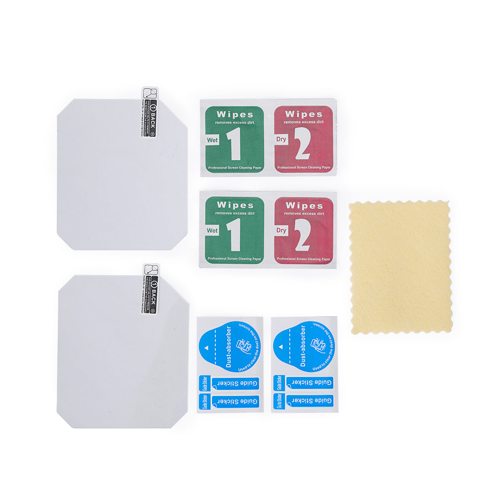 Glass protective film full kit contents ¡ª 2 pieces of tempered glass film, 2 sets of wet and dry wipes, 4 dust absorbers, 4 guide stickers and 1 microfiber cleaning cloth.