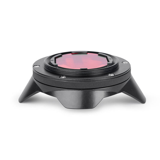 DIVEVOLK Internal Red Filter assembled with expansion clamp ¡ª side view showing slim low-profile design with no added bulk.