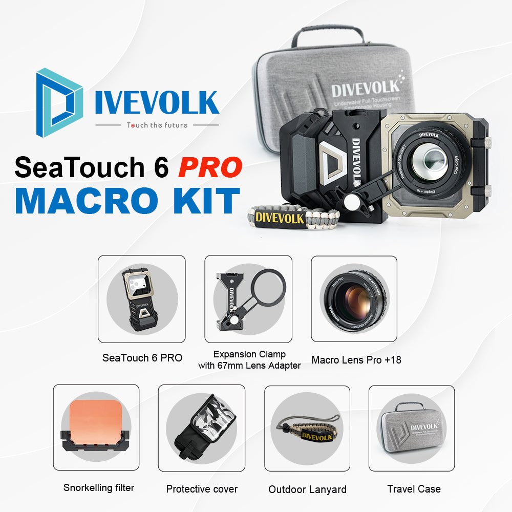 DIVEVOLK SeaTouch 6 PRO Macro Kit complete set ¡ª includes SeaTouch 6 PRO housing, Expansion Clamp with 67mm Lens Adapter, Macro Lens Pro +18, Snorkelling Filter, Protective Cover, Outdoor Lanyard, and Travel Case.