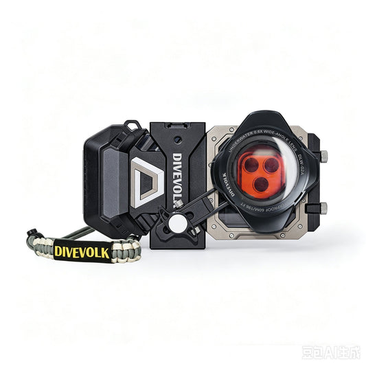 DIVEVOLK SeaTouch 6 PRO Ocean Kit ¡ª housing with Underwater Wide-angle Lens DLW-02A and Deep Dive Red Filter mounted, expansion clamp with outdoor lanyard attached, white background product shot.