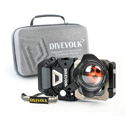 DIVEVOLK SeaTouch 6 PRO Ocean Kit with branded travel case ¡ª housing with 0.6X wide-angle lens and red filter installed, outdoor lanyard attached, grey travel case in background.
