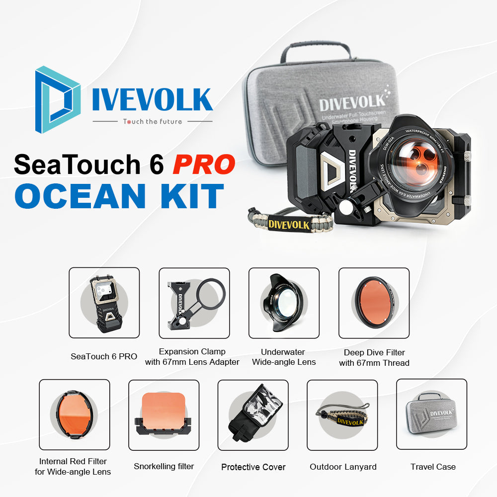 DIVEVOLK SeaTouch 6 PRO Ocean Kit complete set ¡ª includes SeaTouch 6 PRO housing, Expansion Clamp with 67mm Lens Adapter, Underwater Wide-angle Lens, Deep Dive Filter, Internal Red Filter for Wide-angle Lens, Snorkelling Filter, Protective Cover, Outdoor Lanyard, and Travel Case.