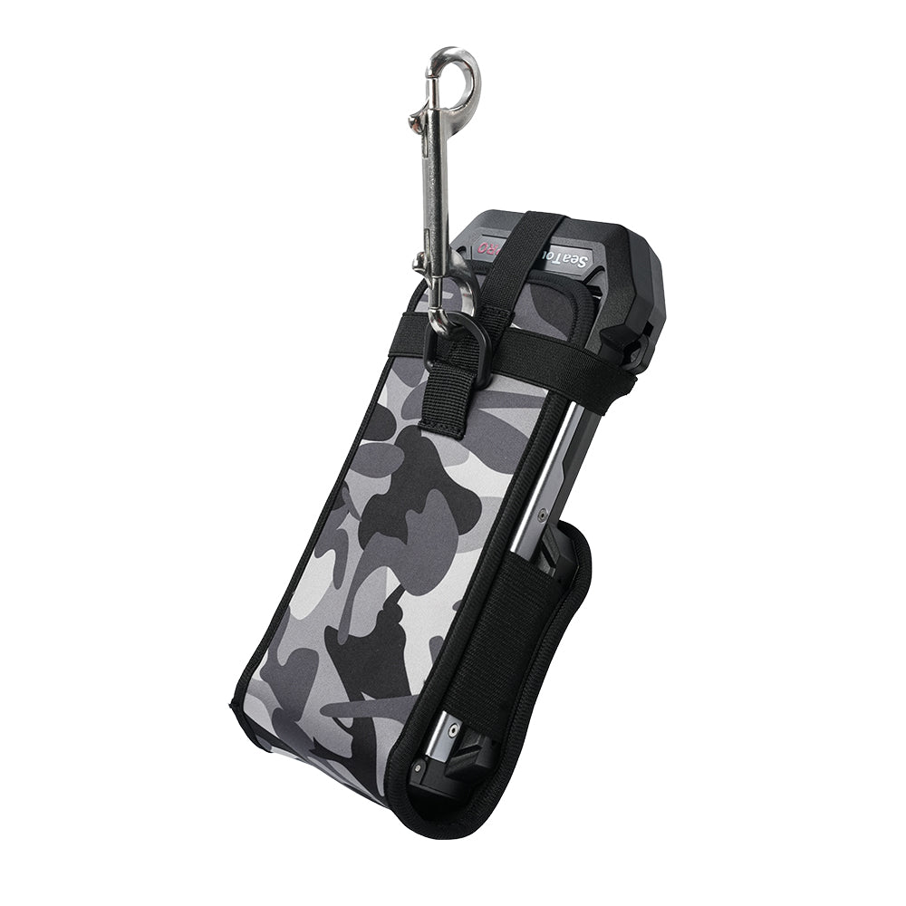 SeaTouch 6 PRO housing in camouflage protective cover with bolt snap carabiner ¡ª hanging ready for dive transport.