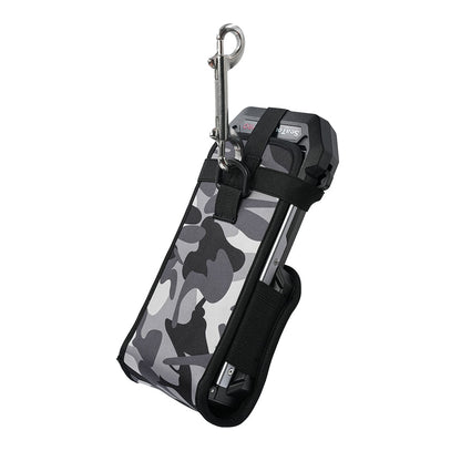 SeaTouch 6 PRO housing in camouflage protective cover with bolt snap carabiner ¡ª hanging ready for dive transport.