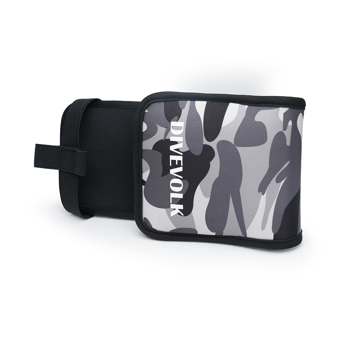 DIVEVOLK camouflage protective cover for SeaTouch 6 PRO ¡ª side view showing grey camo neoprene sleeve with velcro strap closure.