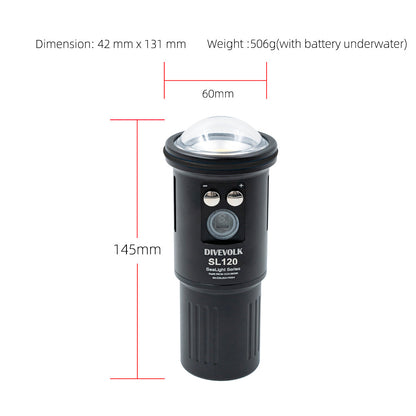 DIVEVOLK SL120 underwater light dimensions