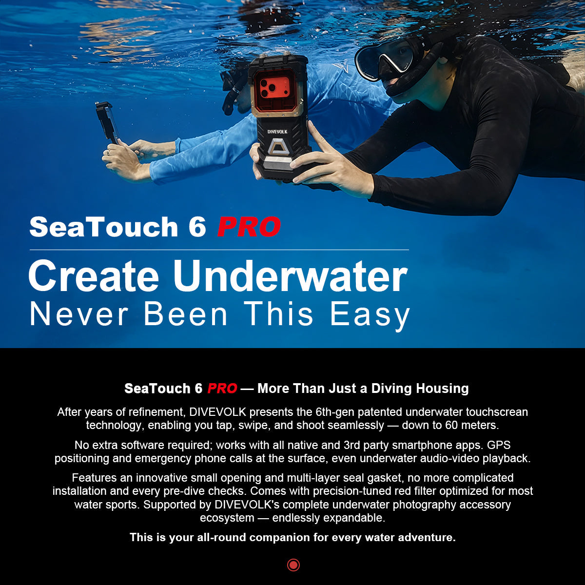 Two divers underwater using the DIVEVOLK SeaTouch 6 PRO waterproof smartphone housing with red filter and Bluetooth remote shutter, showcasing underwater smartphone photography.