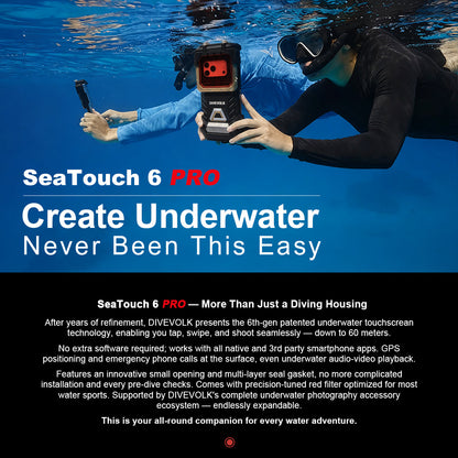 Two divers underwater using the DIVEVOLK SeaTouch 6 PRO waterproof smartphone housing with red filter and Bluetooth remote shutter, showcasing underwater smartphone photography.