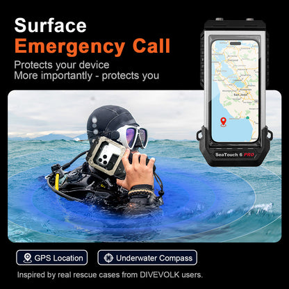 Surfaced diver using DIVEVOLK SeaTouch 6 Pro for emergency GPS location call, highlighting surface safety feature inspired by real rescue cases.