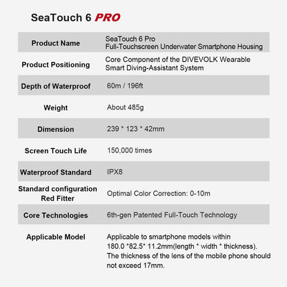 SeaTouch 6 Pro specifications table showing IPX8 waterproof rating to 60m, 485g weight, 150,000 touch life, and compatibility with phones up to 180 ¡Á 82.5 ¡Á 11.2mm.