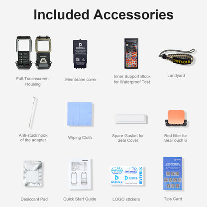 SeaTouch 6 Pro included accessories overview showing housing, membrane cover, waterproof test block, lanyard, adapter hook, wiping cloth, spare gasket, red filter, desiccant pad, quick start guide, logo stickers, and tips card.