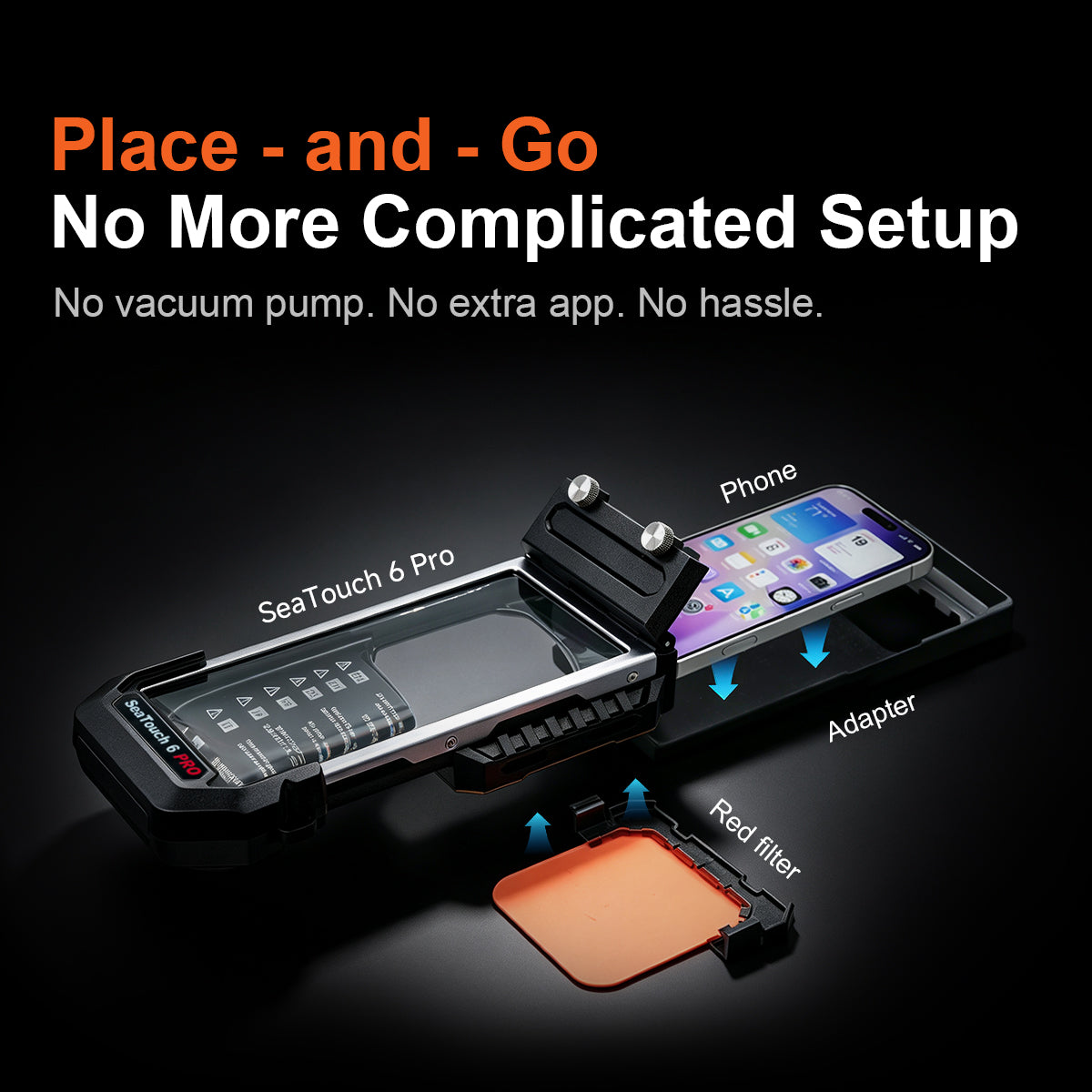 DIVEVOLK SeaTouch 6 Pro simple three-step setup showing the housing, phone adapter, and red filter with text "Place-and-Go ¡ª No More Complicated Setup.