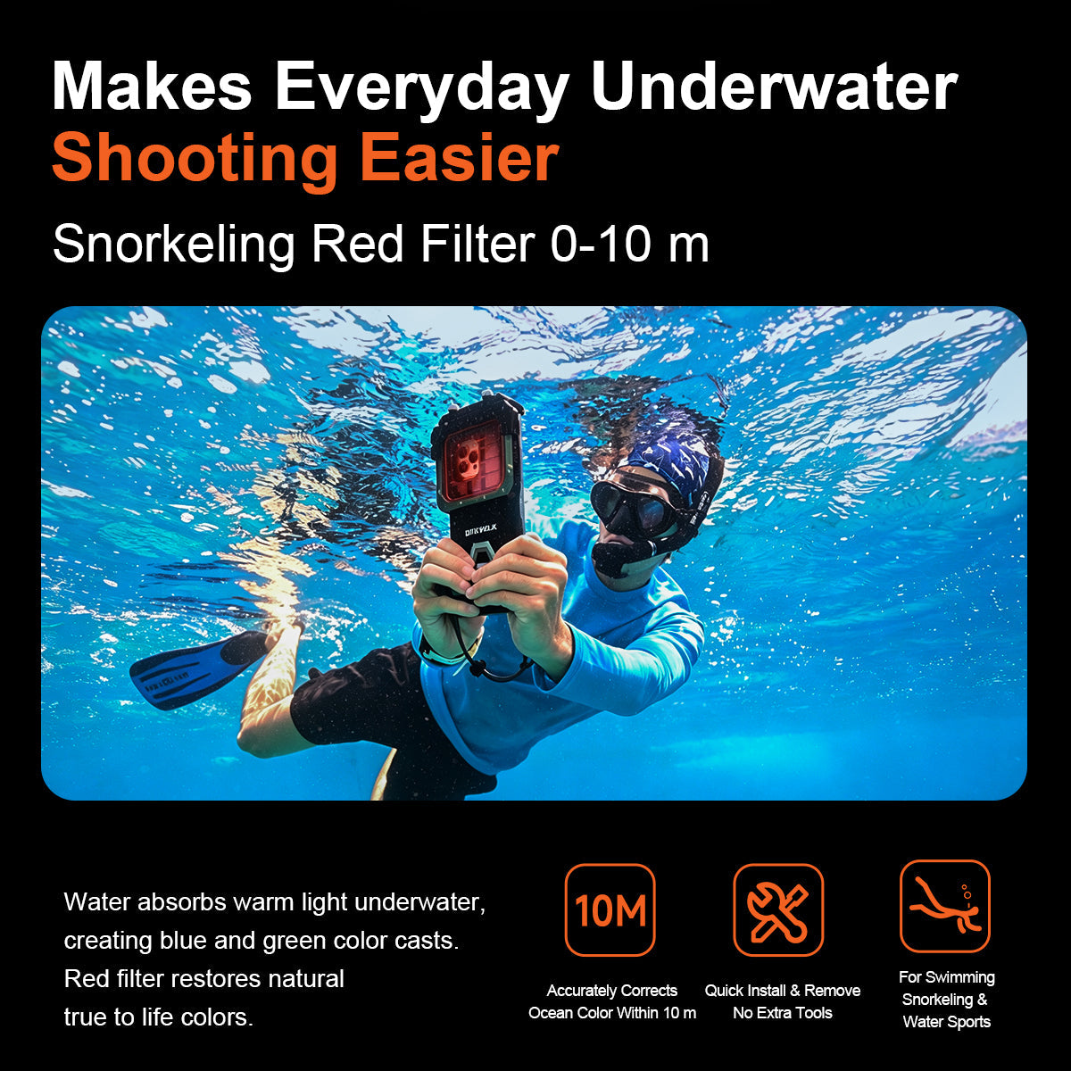 Snorkeler underwater using DIVEVOLK SeaTouch housing with red filter at 0-10m depth, showcasing easy color correction for snorkeling and water sports.
