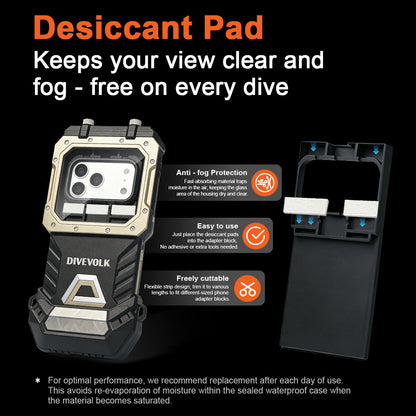 DIVEVOLK Desiccant Pad product image showing anti-fog pads placed inside the adapter block, highlighting moisture absorption, easy installation, and cuttable design for different phone models.