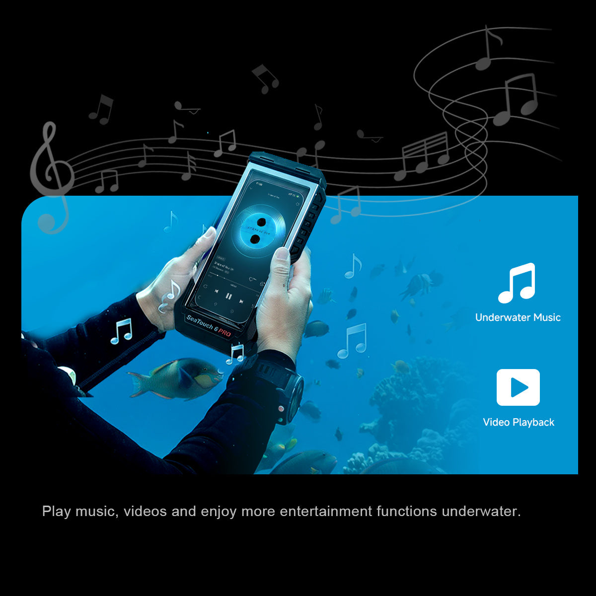 Diver underwater using DIVEVOLK SeaTouch 6 Pro to play music and videos, showcasing underwater entertainment capabilities.