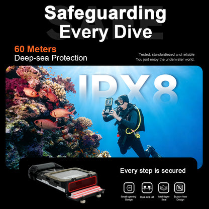 Diver underwater next to coral reef showcasing DIVEVOLK SeaTouch 6 Pro IPX8 waterproof rating with 60-meter depth protection, highlighting small opening design, dual-lock lid, multi-layer seal, and button-free design.