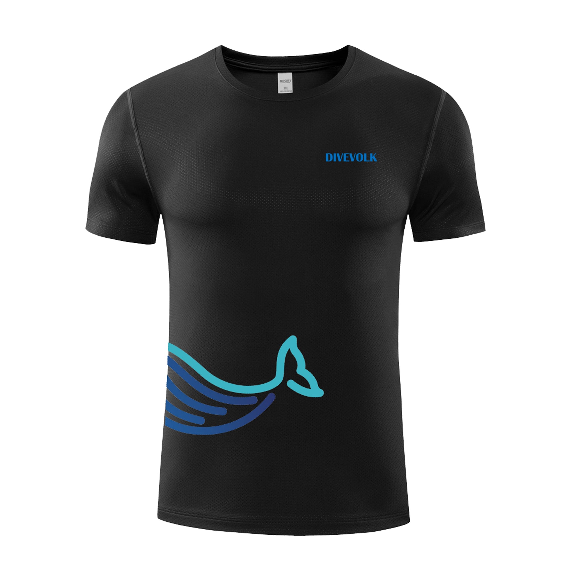 DiveVolk black quick-dry t-shirt with whale logo.