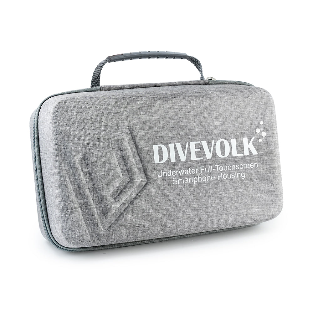 DIVEVOLK travel case front view ¡ª grey high-density EVA hard shell with reinforced handle and 3D embossed DIVEVOLK logo.