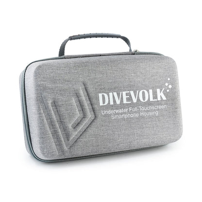 DIVEVOLK travel case front view ¡ª grey high-density EVA hard shell with reinforced handle and 3D embossed DIVEVOLK logo.