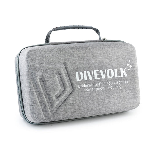DIVEVOLK travel case front view ¡ª grey high-density EVA hard shell with reinforced handle and 3D embossed DIVEVOLK logo.