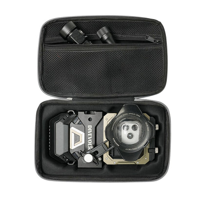 DIVEVOLK travel case top-down view ¡ª molded lower compartment holding SeaTouch 6 PRO housing with wide-angle lens kit, upper mesh pocket storing dive video light and accessories.