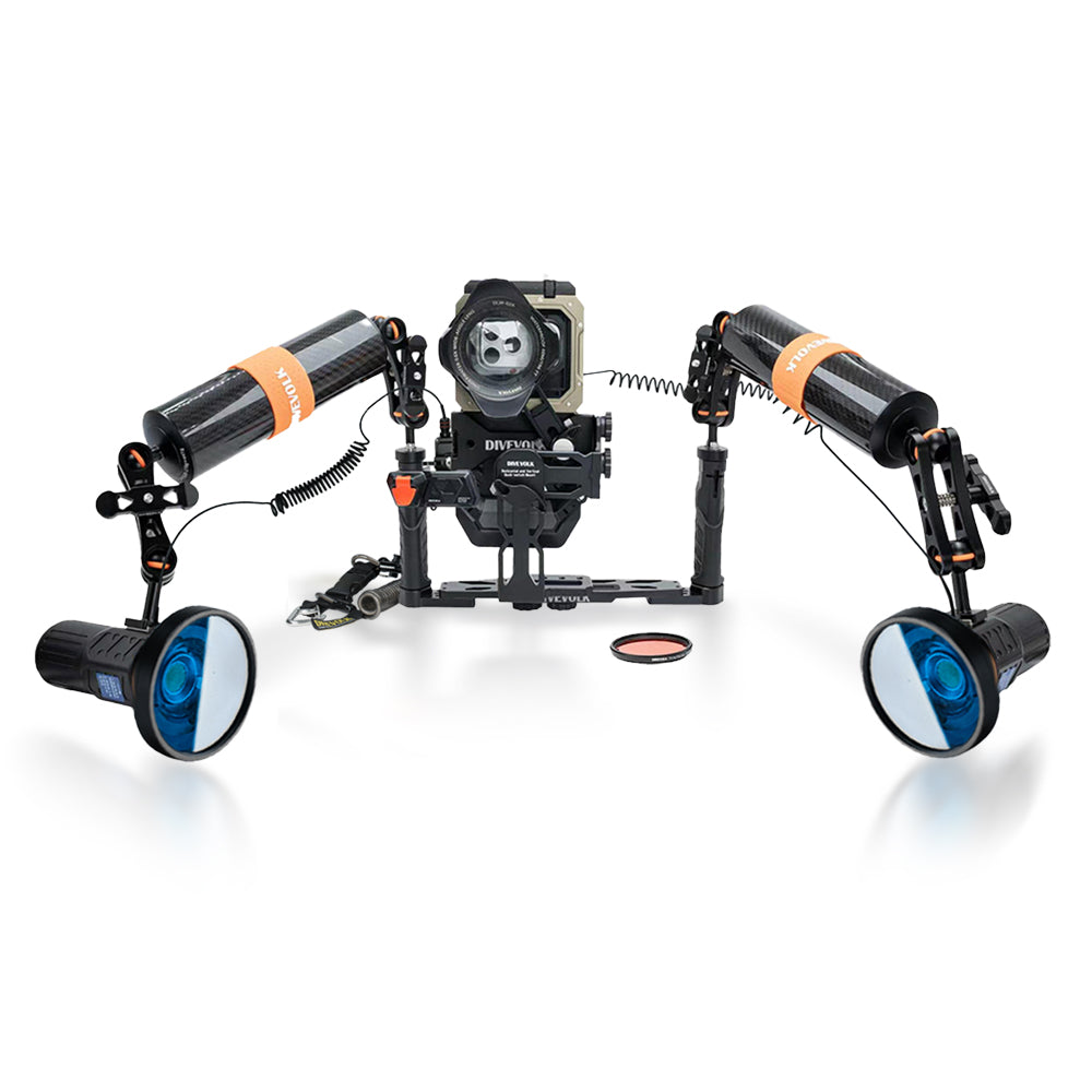 DIVEVOLK SeaTouch 6 PRO Ultimate SL120 Kit — housing with wide-angle lens, dual SL120 video lights with ambient blue light filters on carbon fibre float arms (447g), optic fibre remote cables, white background.