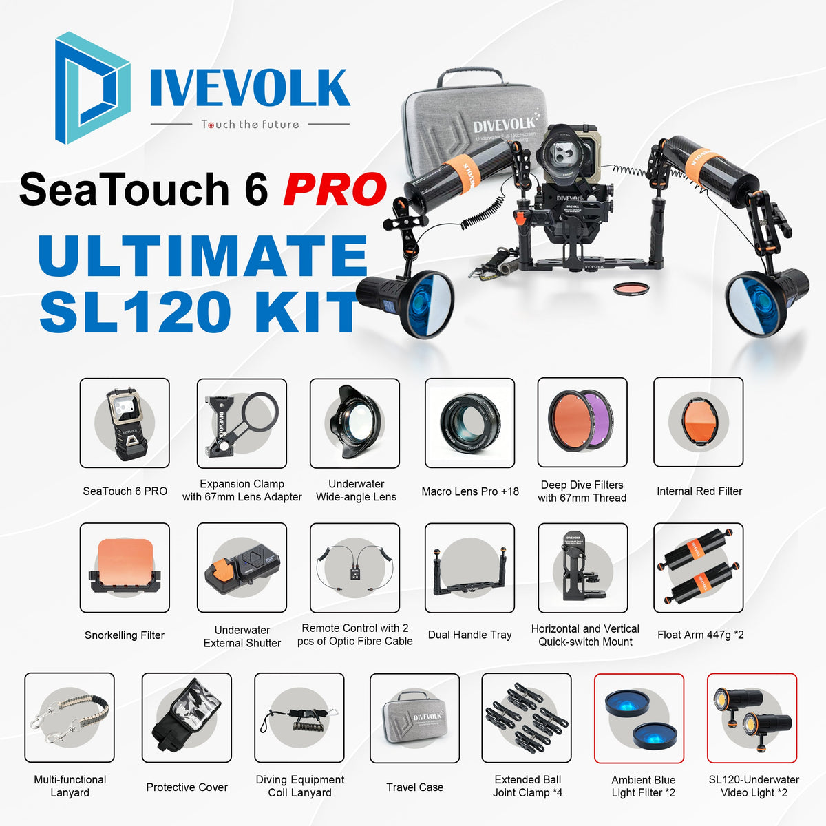 DIVEVOLK SeaTouch 6 PRO Ultimate SL120 Kit — complete pro rig with dual SL120 lights, ambient blue filters, carbon fibre float arms, macro + wide-angle lenses & full accessory set