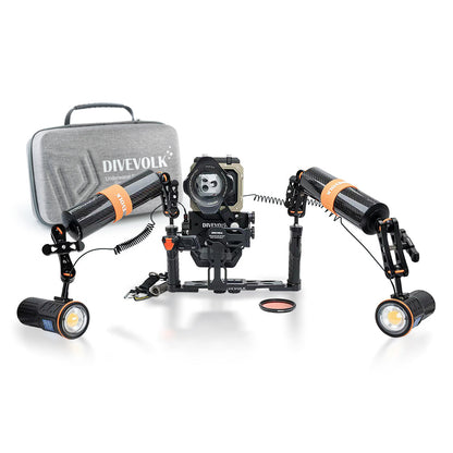 DIVEVOLK SeaTouch 6 PRO Ultimate SL50 Kit with travel case — housing with wide-angle lens, dual SL50 video lights on carbon fibre float arms (447g) with optic fibre remote cables, DIVEVOLK grey travel case in background.