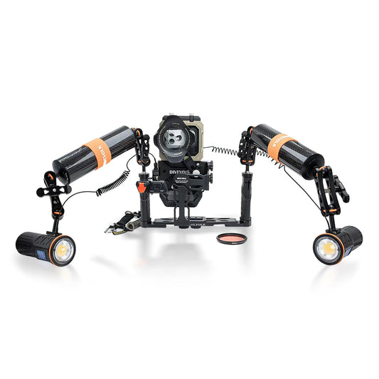 DIVEVOLK SeaTouch 6 PRO Ultimate SL50 Kit — housing with Underwater Wide-angle Lens, dual SL50 video lights mounted on carbon fibre float arms via horizontal/vertical quick-switch mount, optic fibre remote control, white background.