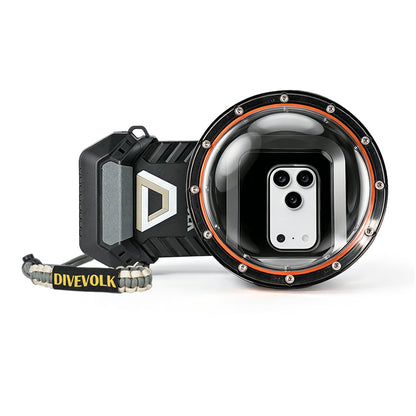DIVEVOLK SeaTouch 6 PRO Water Sports Kit — housing with large Dome Lens featuring orange ring and bolted flange, outdoor lanyard attached, white background product shot.