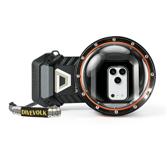 DIVEVOLK SeaTouch 6 PRO Water Sports Kit — housing with large Dome Lens featuring orange ring and bolted flange, outdoor lanyard attached, white background product shot.