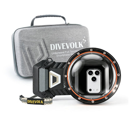 DIVEVOLK SeaTouch 6 PRO Water Sports Kit with branded travel case — housing with Dome Lens mounted, DIVEVOLK grey travel case in background, outdoor lanyard attached.