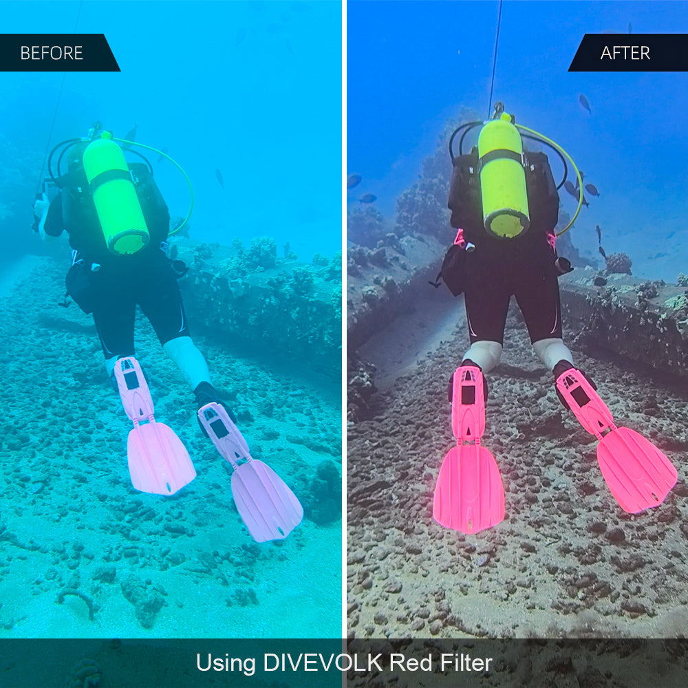 DiveVolk underwater housing with red filter: before and after.