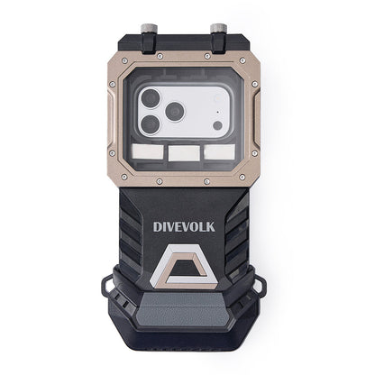 DIVEVOLK SeaTouch 6 PRO housing front view with phone adapter and anti-fog desiccant pads installed ¡ª pads positioned below the camera window for fog-free shooting.