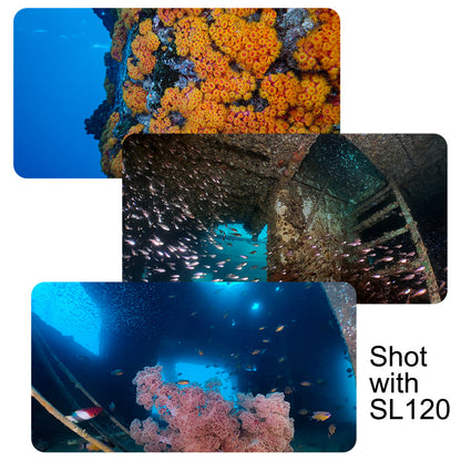 DIVEVOLK SL120 underwater scenes: coral, shipwreck, marine life.